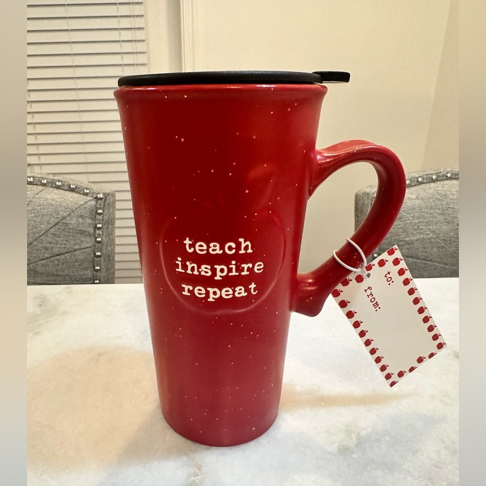 Teach Inspire Repeat Red Speckled Tall Coffee Mug W/Lid  ( Teacher Appreciation)
